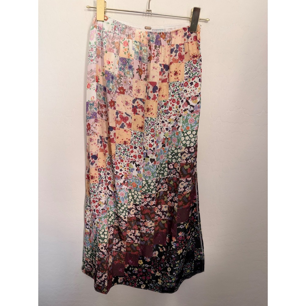 Free People Patchwork Floral Maxi Skirt Multi Color Lace Trim Side Slit Sz S NEW